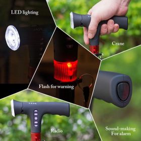 Hiking Adjustable Folding Cane With Alarm LED Light Radio And Cushionable Handle Safety Outdoor Walking Stick Emergency Tools