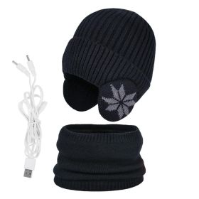 2 in 1 Winter Knitted Cap Neck Warmer USB Heated Beanie Hat Scarf Outdoor Cold Weather Rechargeable Heated Knitting Beanies (Color: Black)